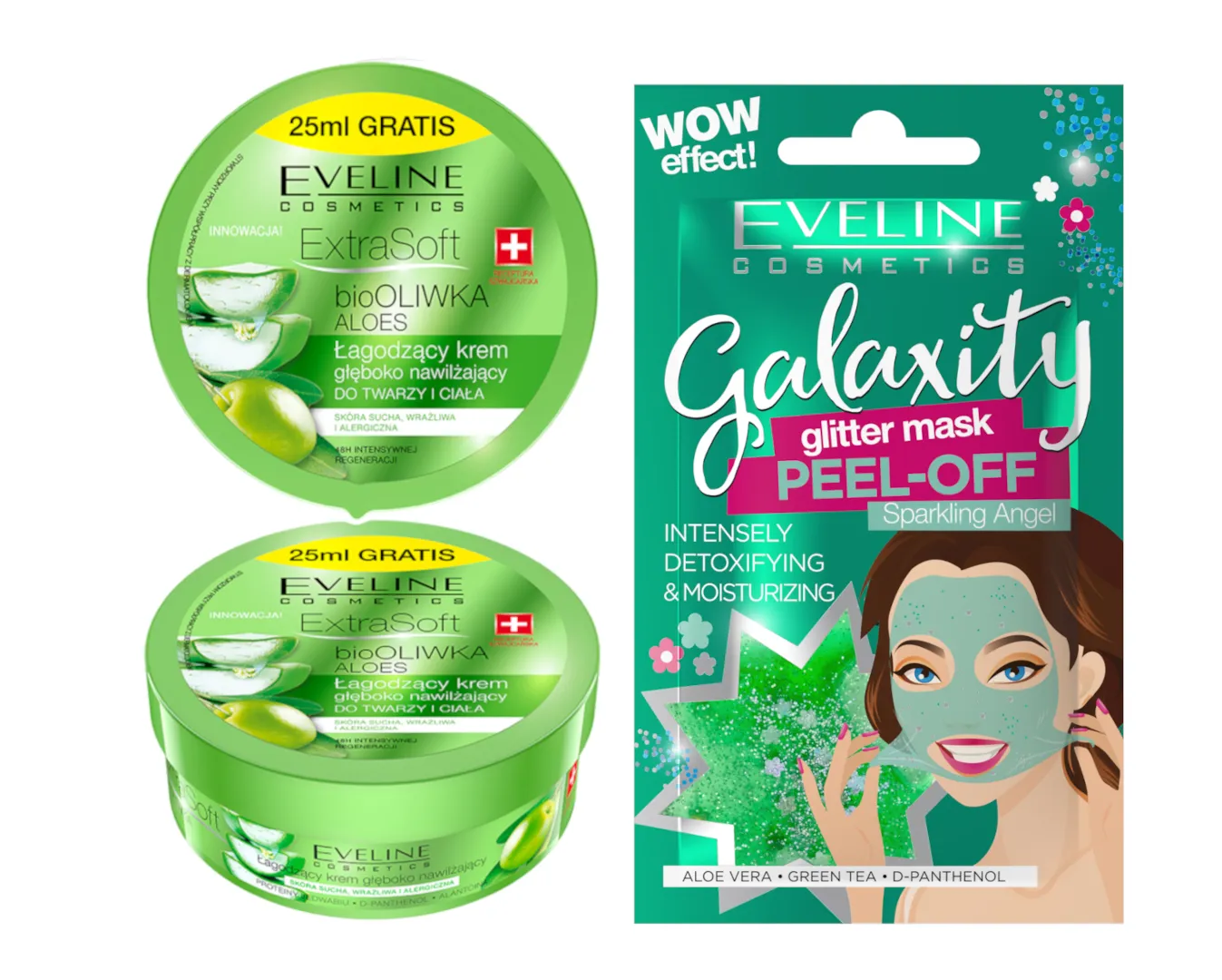 Eveline Cosmetics Extra Soft łagodzący krem do twarzy i ciała, 200 ml + Eveline Cosmetics Detoksykująco-nawilżająca maseczka peel-off z połyskującymi drobinkami, 10 ml