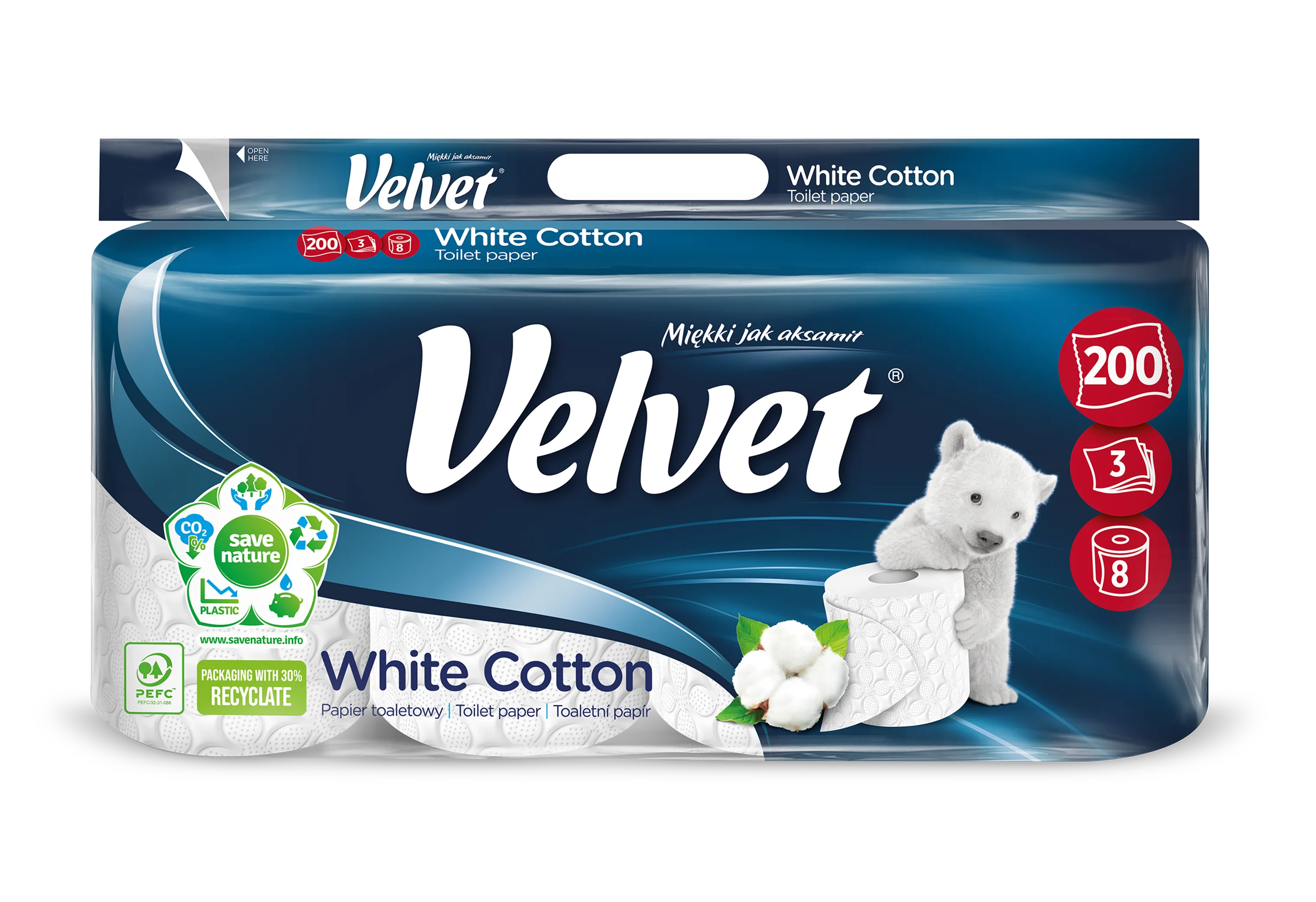 Velvet White Cotton papier toaletowy bezzapachowy, 8 szt.