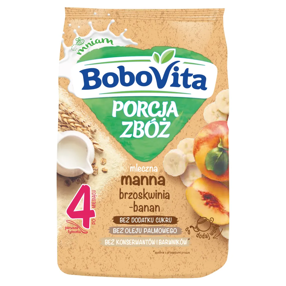 BoboVita Porcja Zbóż mleczna kaszka manna z brzoskwiniami i bananem, 210 g