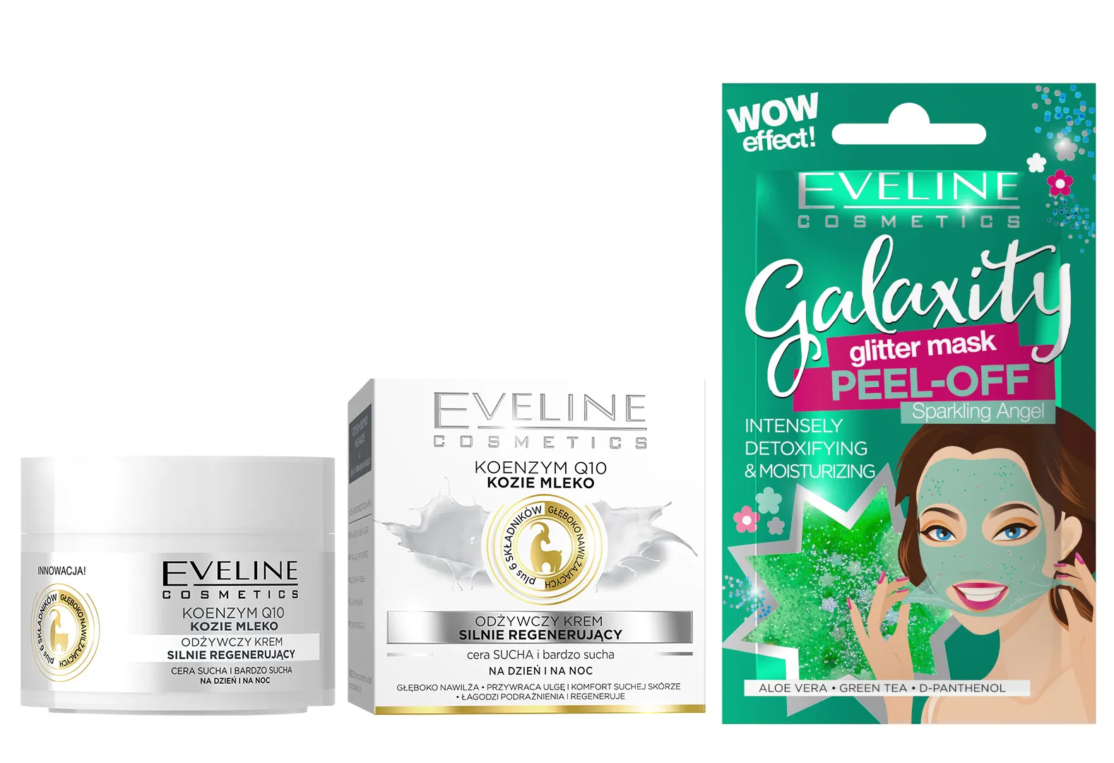 Eveline Cosmetics odżywczy krem silnie regenerujący Koenzym Q10 + kozie mleko, 50 ml + Eveline Cosmetics Detoksykująco-nawilżająca maseczka peel-off z połyskującymi drobinkami, 10 ml