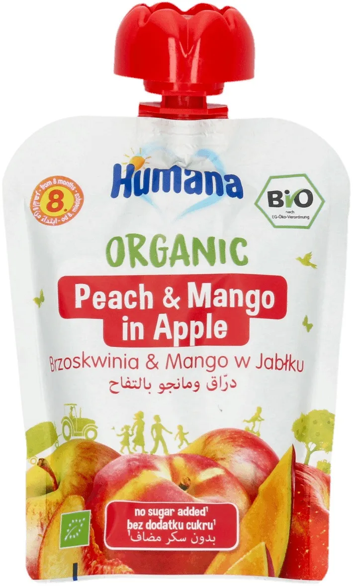 Humana 100% Organic mus owocowy brzoskwinia i mango w jabłku, 90 g
