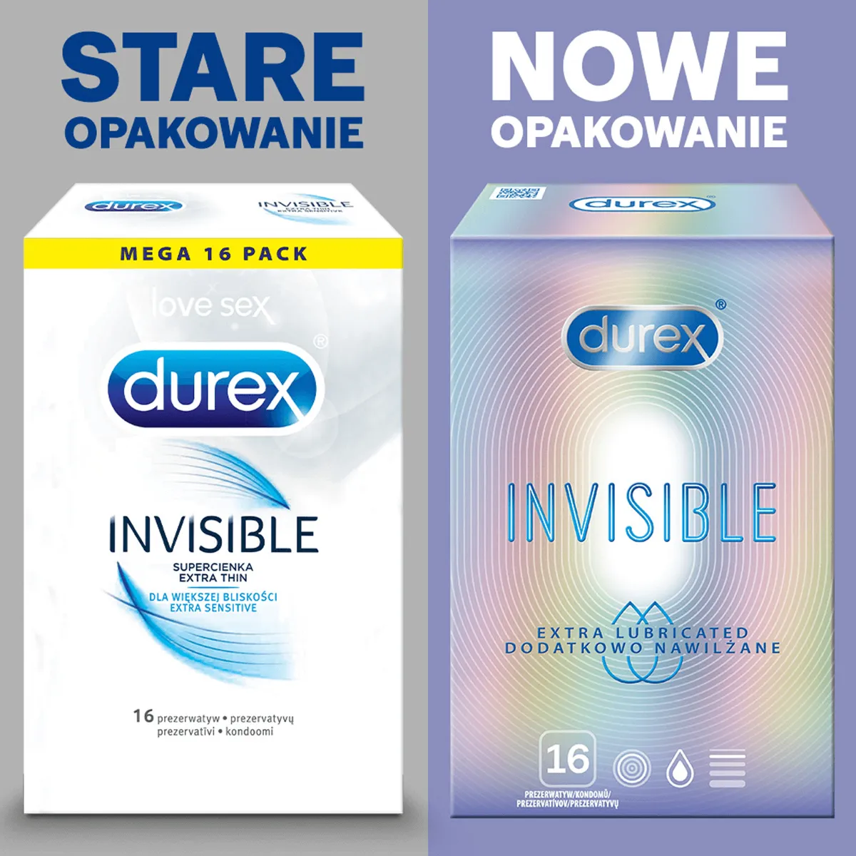 Durex Invisible, prezerwatywy, dodatkowo nawilżane, 16 sztuk 