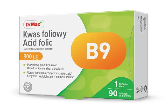 Kwas Foliowy 800 mcg Dr.Max, suplement diety, 90 tabletek