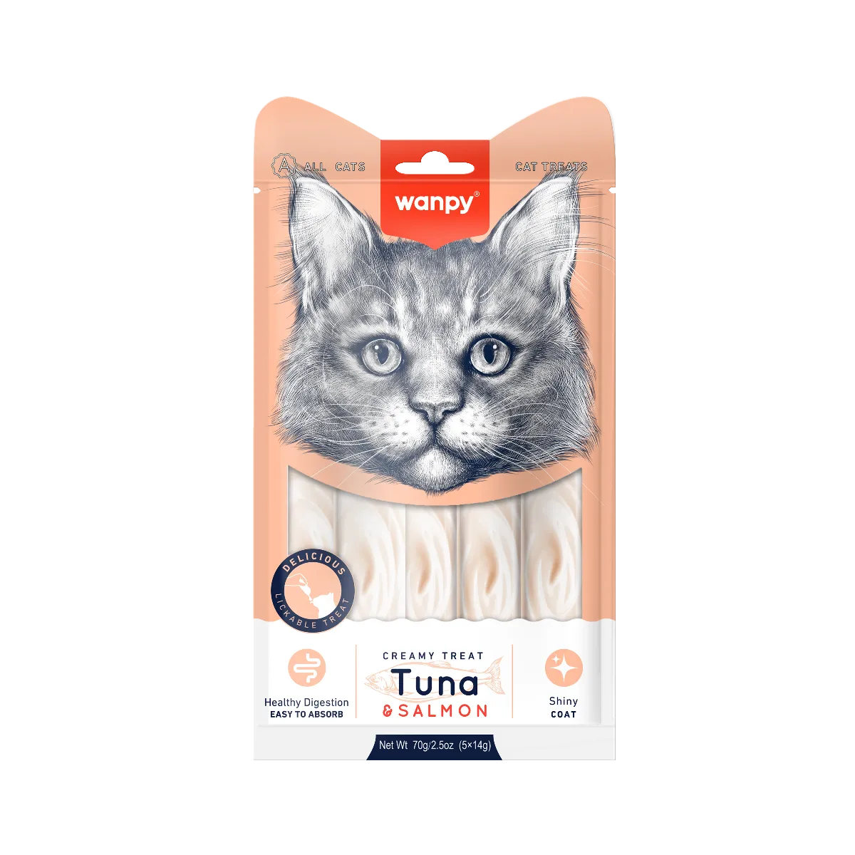 Wanpy Tuna & Salmon Creamy Treat kremowy przysmak do lizania o smaku tuńczyka i łososia dla kotów, 5 x 14 g