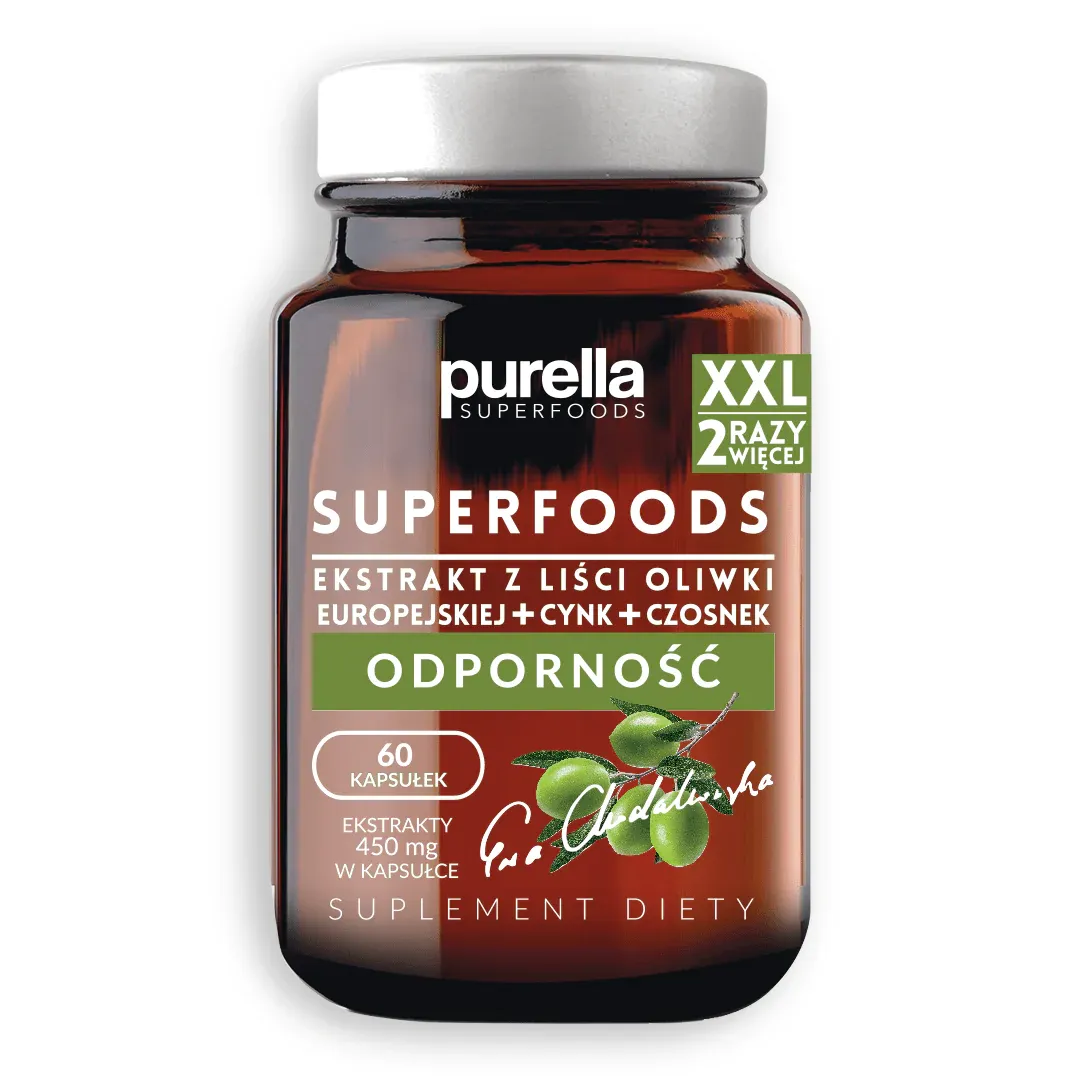 Purella Superfoods Odporność Ekstrakt z liści oliwki europejskiej + Cynk + Czosnek, 60 kapsułek