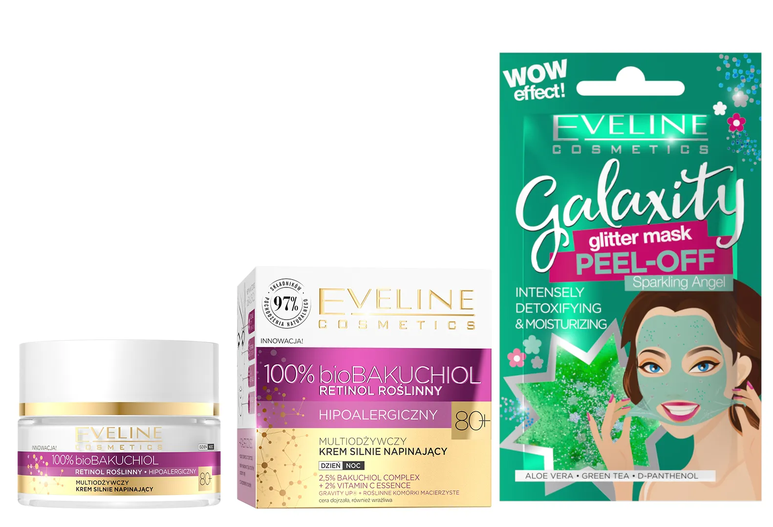 Eveline Cosmetics bioBakuchiol multiodżywczy krem silnie napinający na dzień i na noc 80+, 50 ml + Eveline Cosmetics Detoksykująco-nawilżająca maseczka peel-off z połyskującymi drobinkami, 10 ml