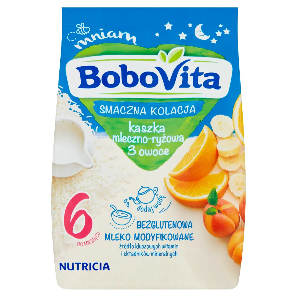 BoboVita kaszka mleczno-zbożowa Smaczna Kolacja 3 owoce dla niemowląt po 6 miesiącu, 230g