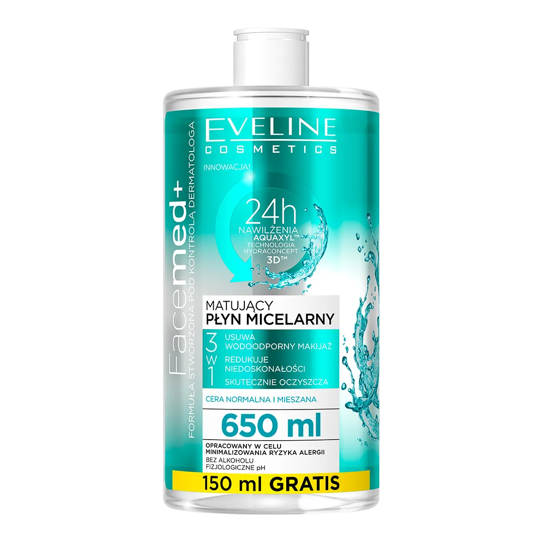 Eveline Cosmetics Facemed+ matujący płyn micelarny 3w1, 650 ml