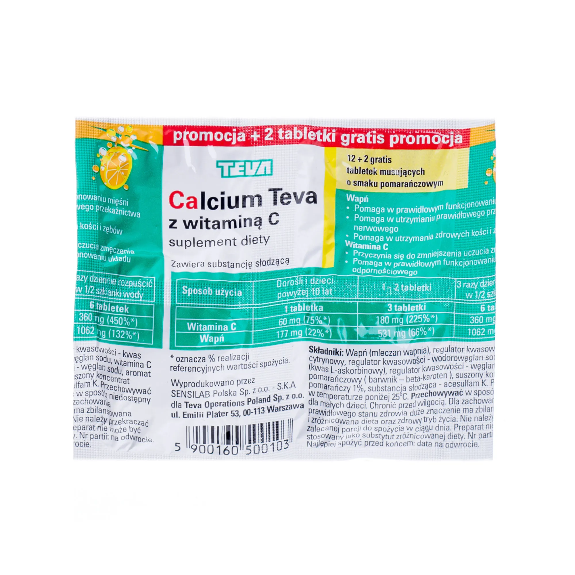 Calcium Teva z witaminą C, suplement diety, 12 + 2 tabletek musujących o smaku pomarańczowym