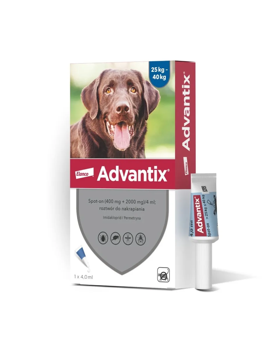 Advantix Spot-on Na Kleszcze i Pchły, (400 mg + 2000 mg)/4 ml, roztwór do nakrapiania dla psów 25 - 40 kg, 1 x 4 ml