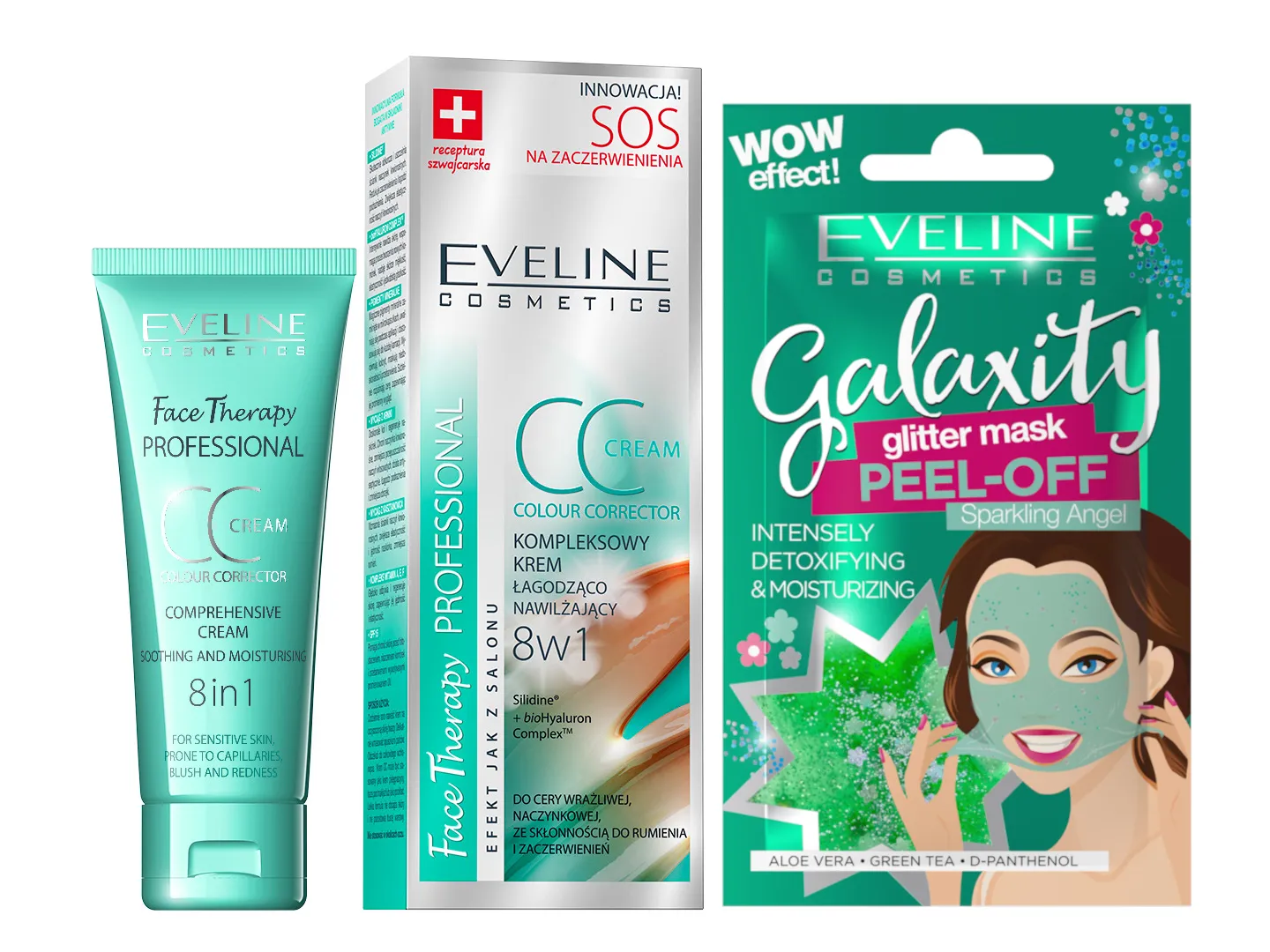 Eveline Cosmetics Face Therapy Professional SOS krem CC 8w1 na zaczerwienienia, 30 ml + Eveline Cosmetics Detoksykująco-nawilżająca maseczka peel-off z połyskującymi drobinkami, 10 ml