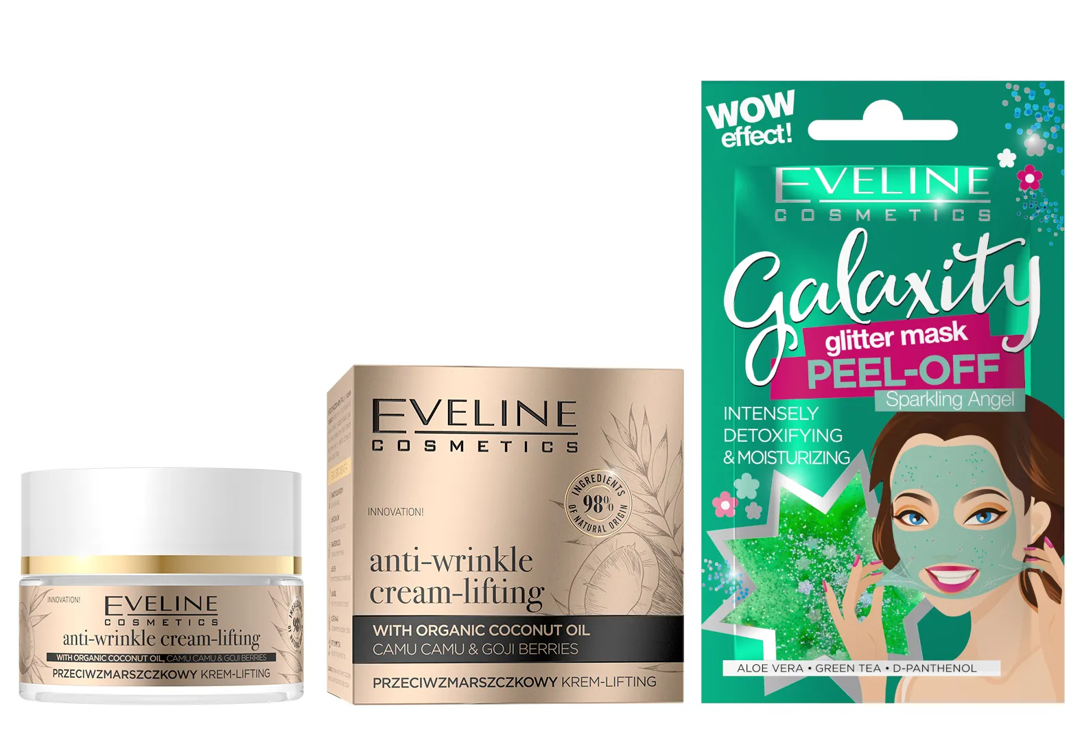 Eveline Cosmetics Organic Gold przeciwzmarszczkowy krem-lifting, 50 ml + Eveline Cosmetics Detoksykująco-nawilżająca maseczka peel-off z połyskującymi drobinkami, 10 ml