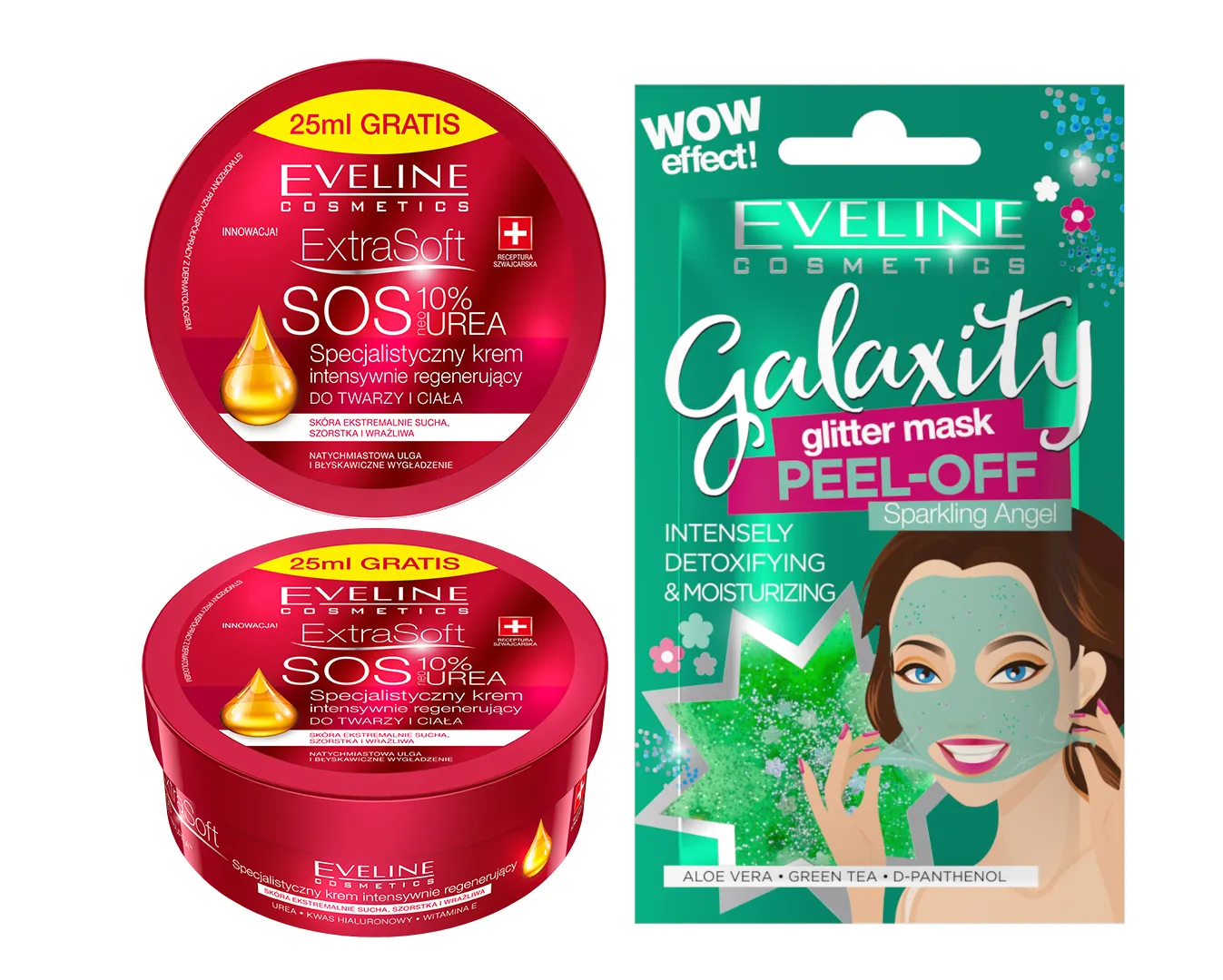 Eveline Cosmetics Extra Soft SOS 10% urea, 200 ml + Eveline Cosmetics Detoksykująco-nawilżająca maseczka peel-off z połyskującymi drobinkami, 10 ml