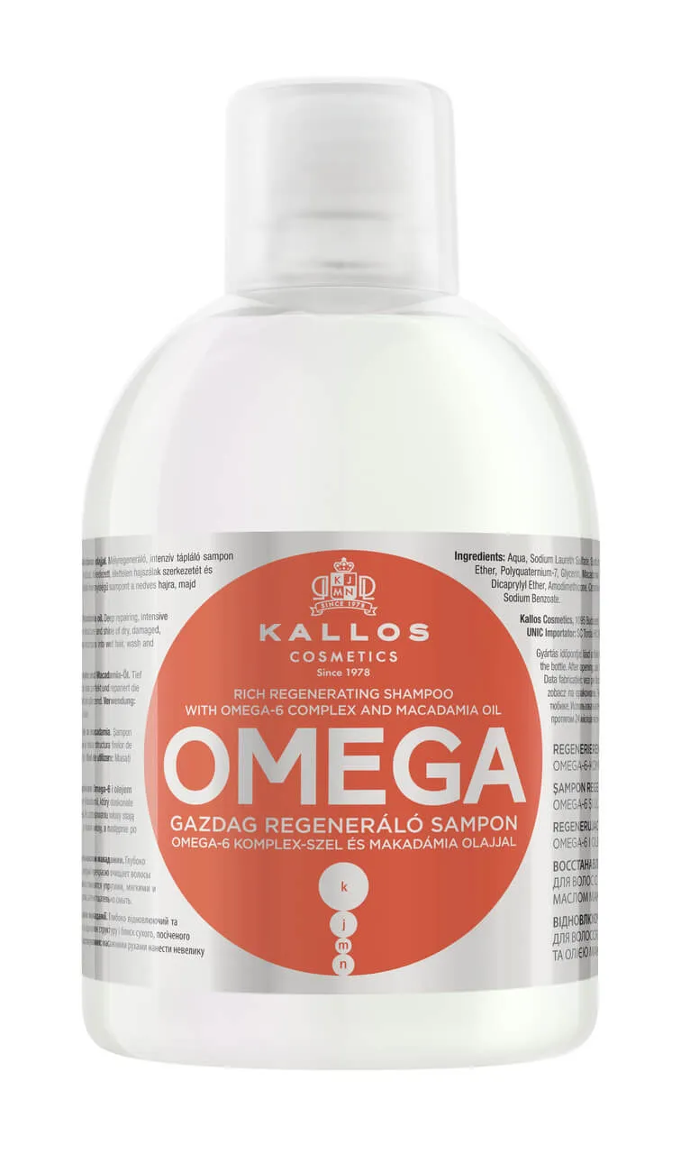 Kallos, szampon do włosów, regenerujący z kompleksem omega-6 i olejem makadamii, 1000 ml