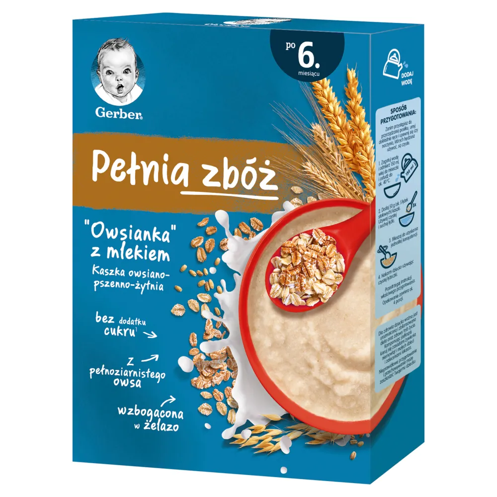 Gerber Pełnia Zbóż kaszka owsiano-pszenno-żytnia owsianka z mlekiem dla niemowląt po 6 miesiącu, 200 g