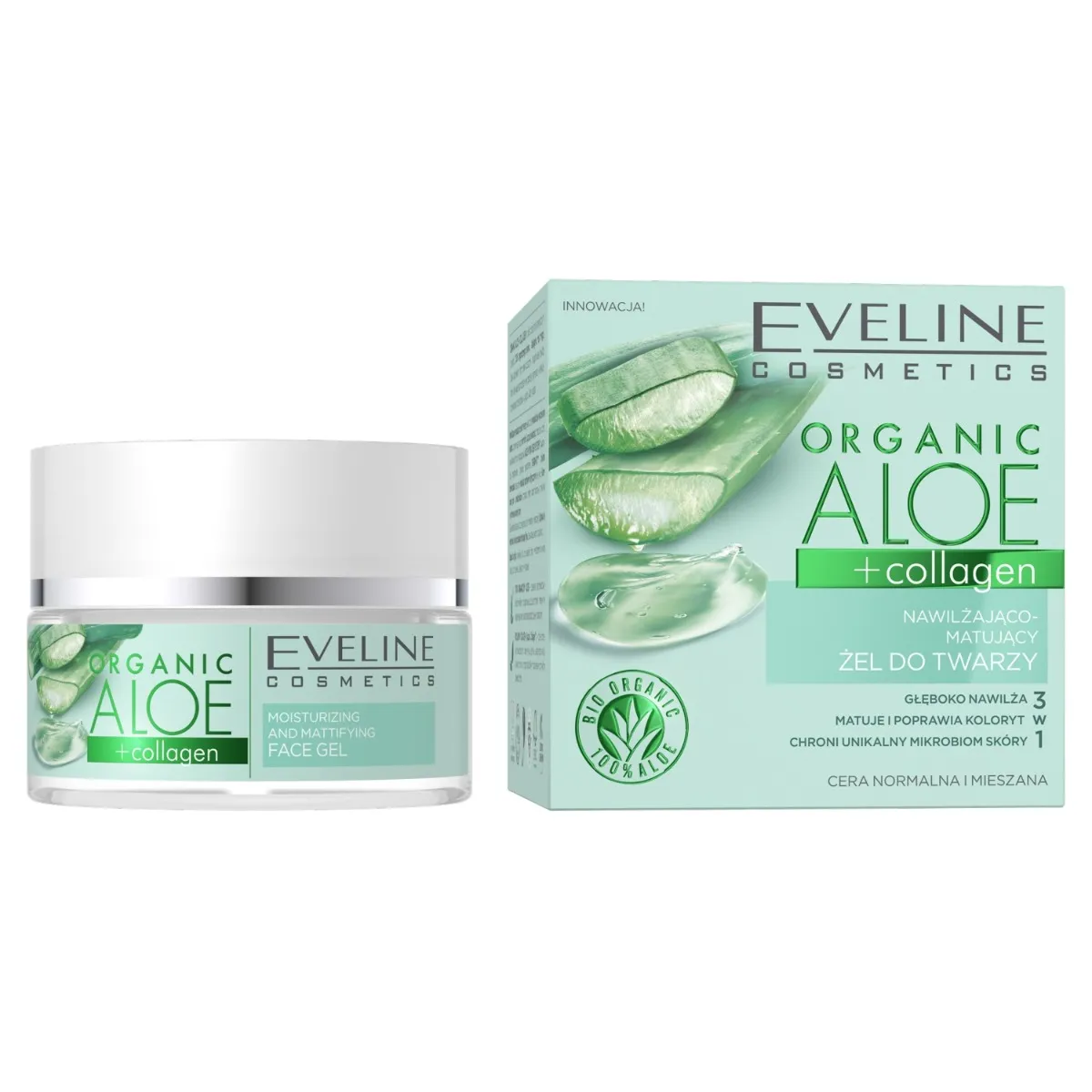 Eveline Cosmetics Organic Aloe + Collagen nawilżająco-matujący żel do twarzy, 50 ml