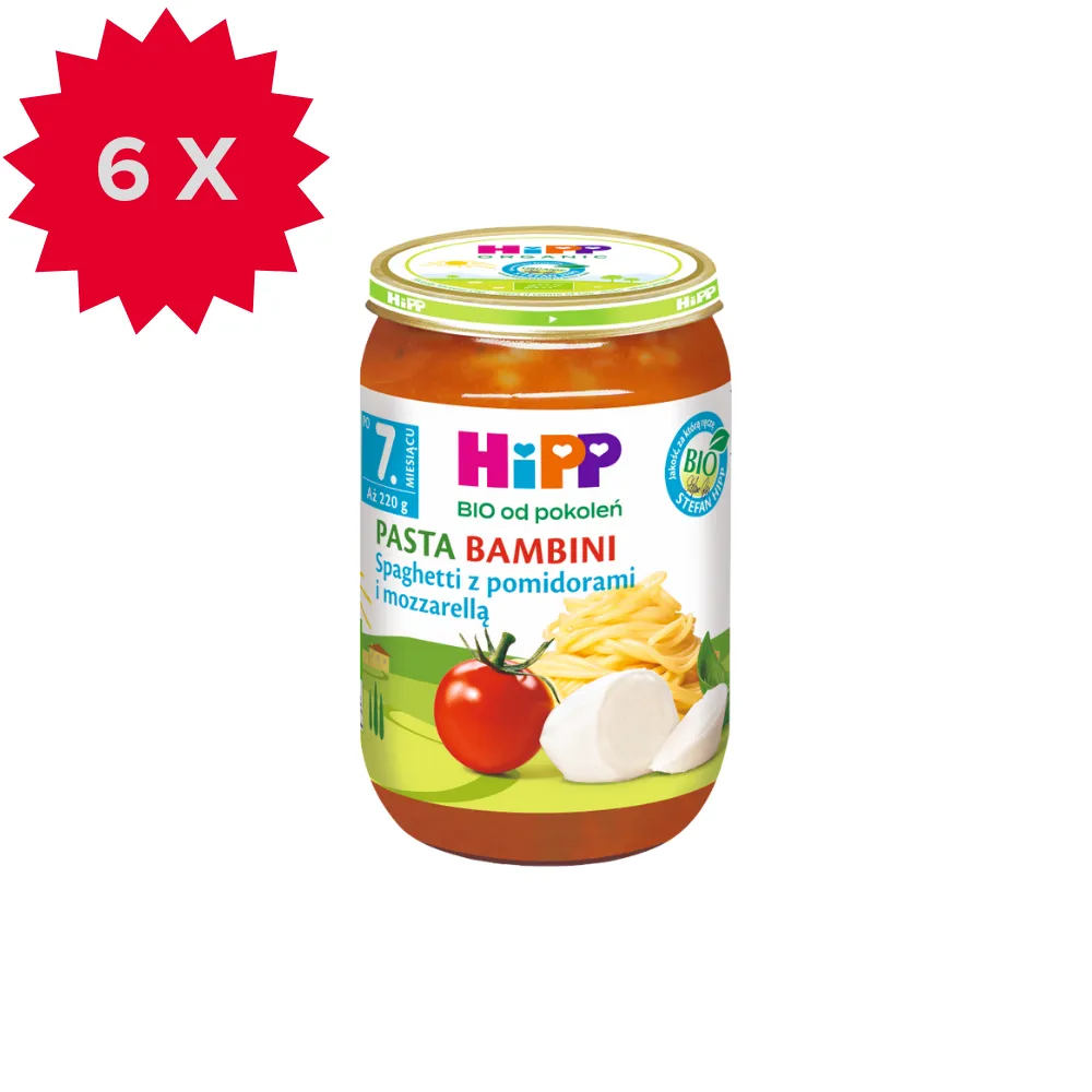 HiPP BIO od pokoleń obiadek Pasta Bambini spaghetti z pomidorami i mozarellą po 7. miesiącu, 6 x 220 g