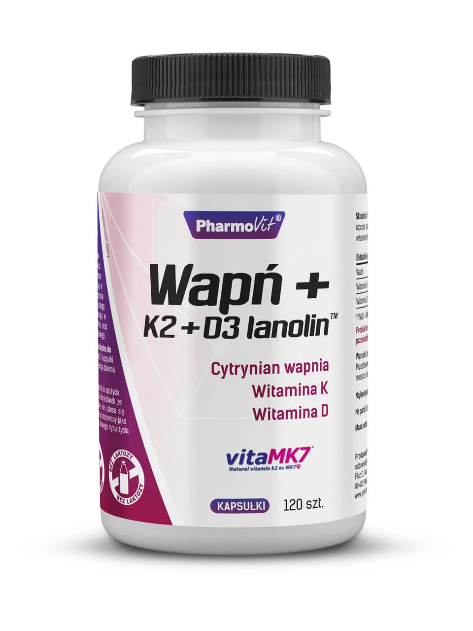 Wapń + K2 + D3 Lanolin Pharmovit, suplement diety, 120 kapsułek