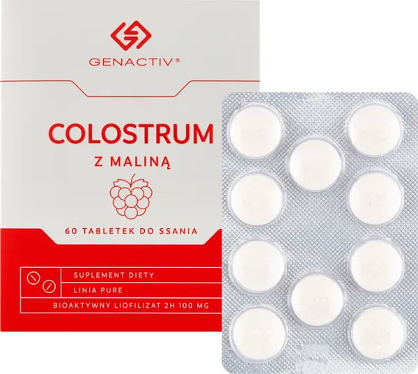 Colostrum z maliną Genactiv, suplement diety, 60 tabletek do ssania 