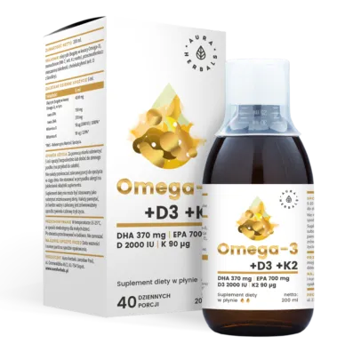 Aura Herbals, Omega-3, Witamina D3 2000IU, K2MK7, suplement diety, 200ml