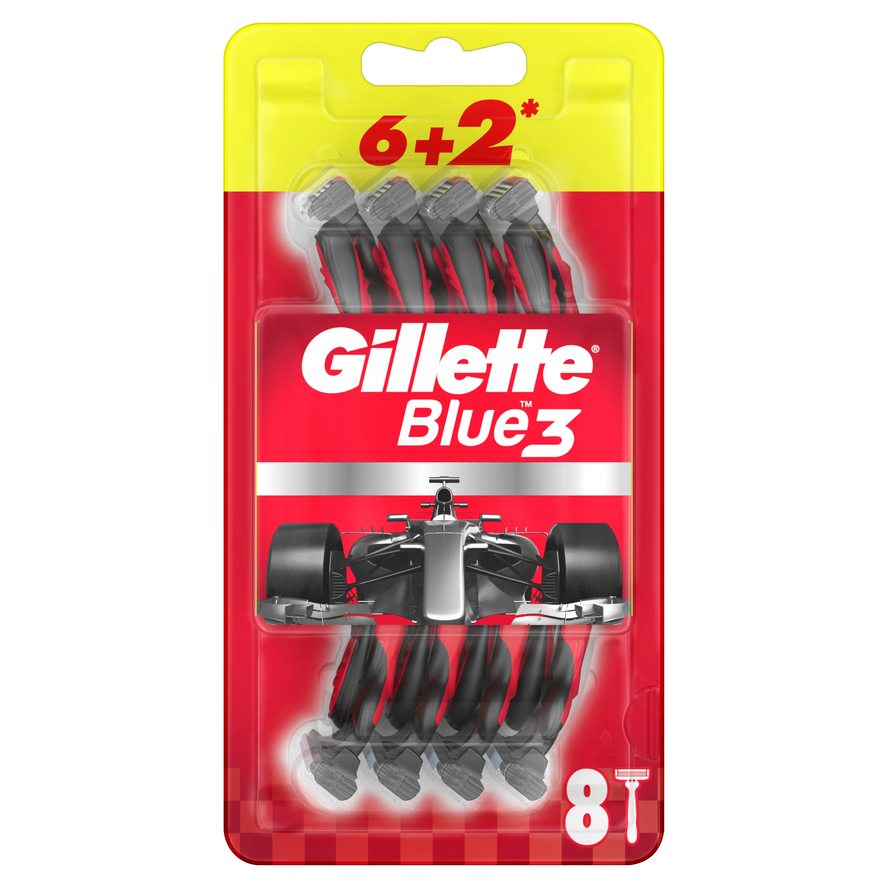 Gillette Blue3 Red Jednorazowa maszynka do golenia dla mężczyzn, 6+2 szt.
