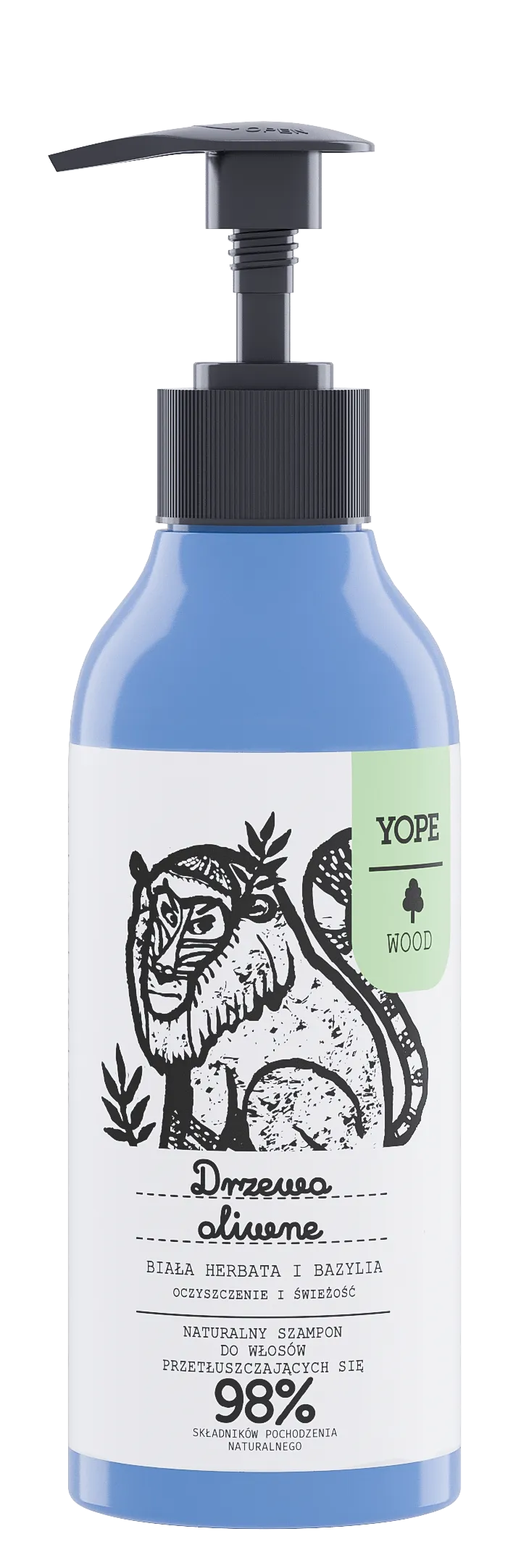 YOPE Wood szampon do włosów przetłuszczających się Drzewo Oliwne, Biała Herbata, Bazylia, 300 ml