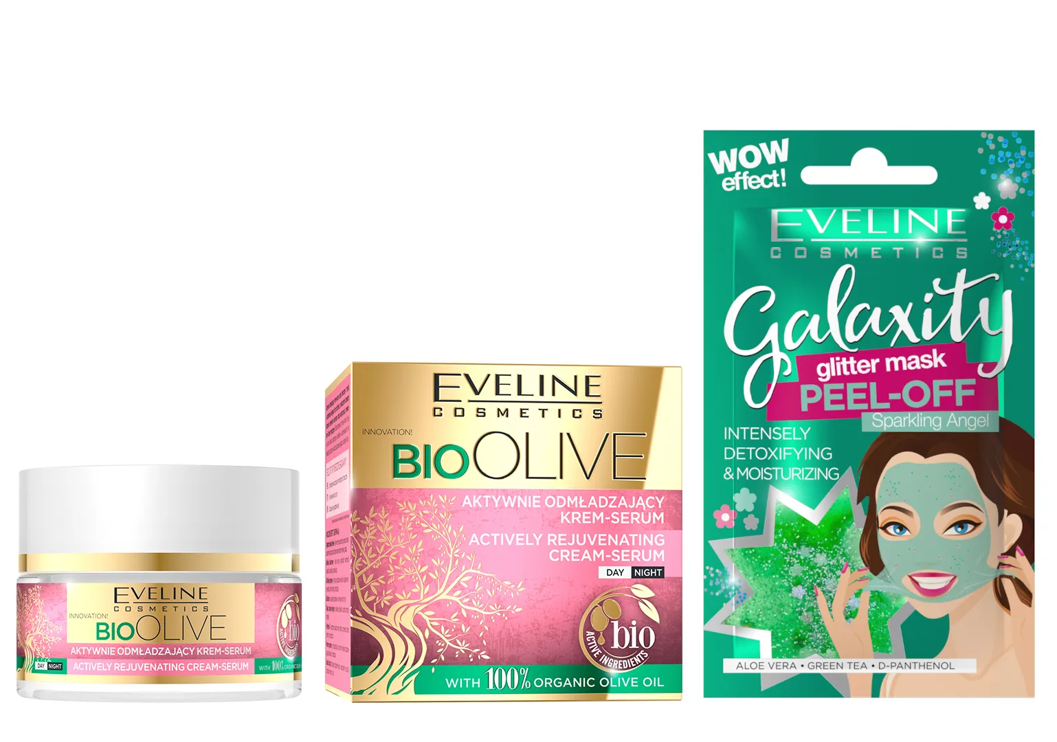 Eveline Cosmetics Bio Olive aktywnie odmładzający krem serum na dzień i na noc, 50 ml + Eveline Cosmetics Detoksykująco-nawilżająca maseczka peel-off z połyskującymi drobinkami, 10 ml