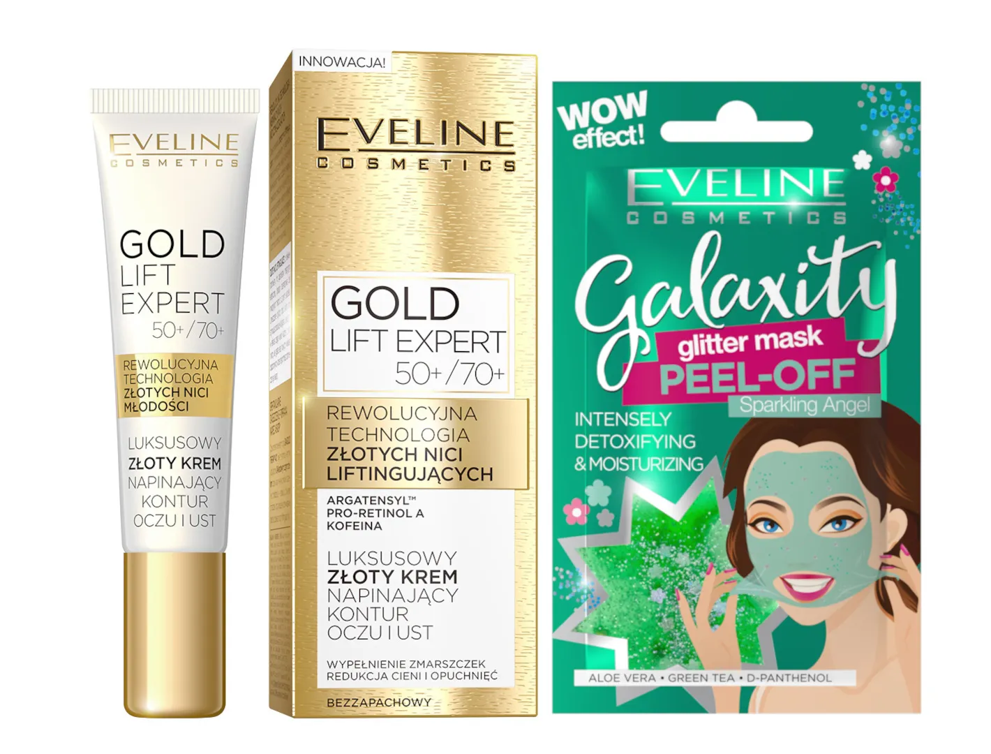 Eveline Cosmetics Gold Lift Expert luksusowy zloty krem napinajacy kontur oczu i ust 50+/70+, 15 ml + Eveline Cosmetics Detoksykująco-nawilżająca maseczka peel-off z połyskującymi drobinkami, 10 ml