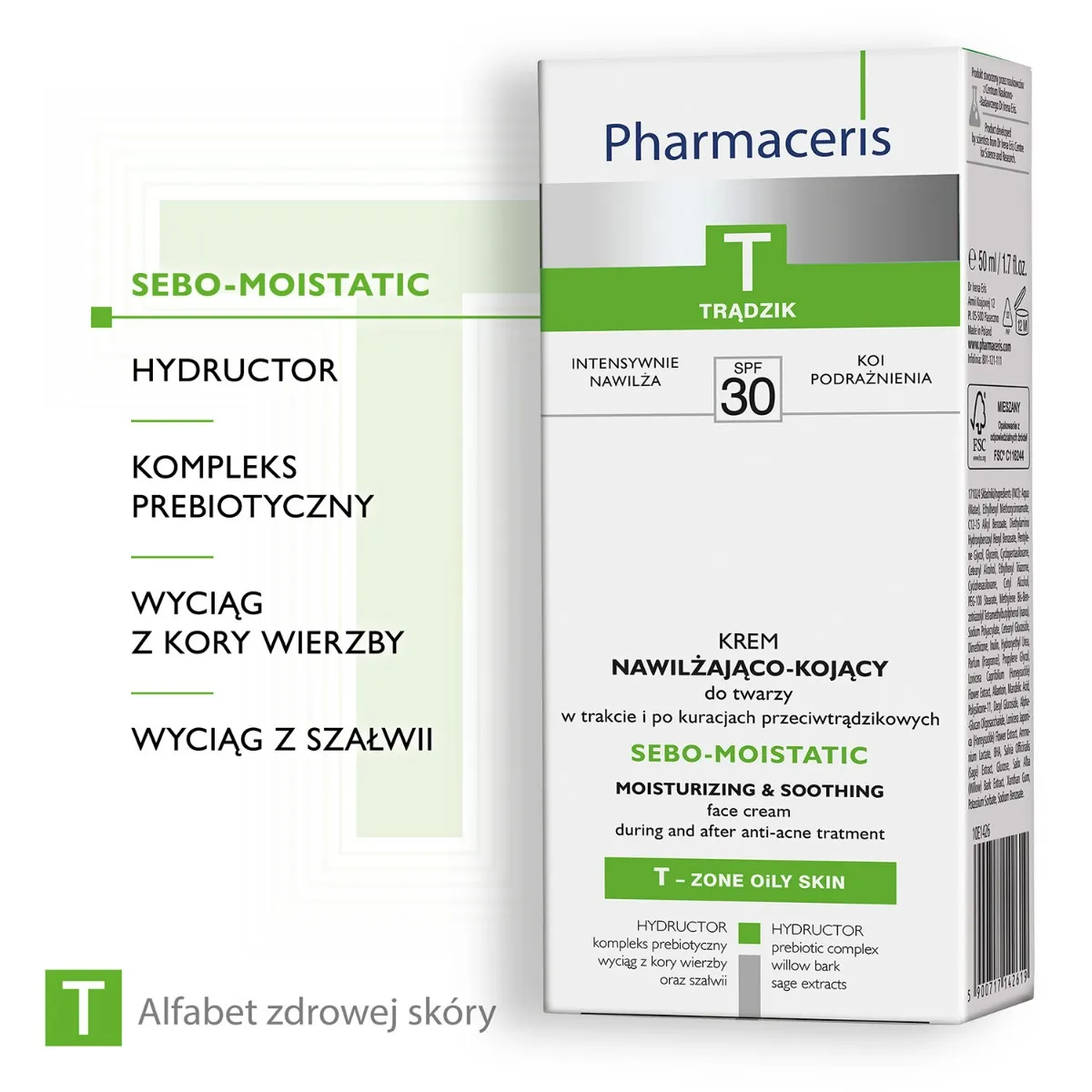 Pharmaceris T Sebo-Matt Moistatic , krem nawilżająco-kojący do twarzy, SPF 30, 50 ml 