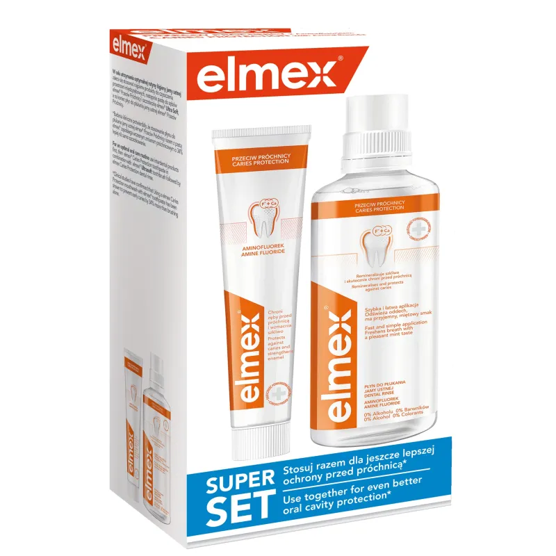 elmex zestaw przeciwpróchnicowy płyn do płukania jamy ustnej + pasta do zębów, 400 ml + 75 ml