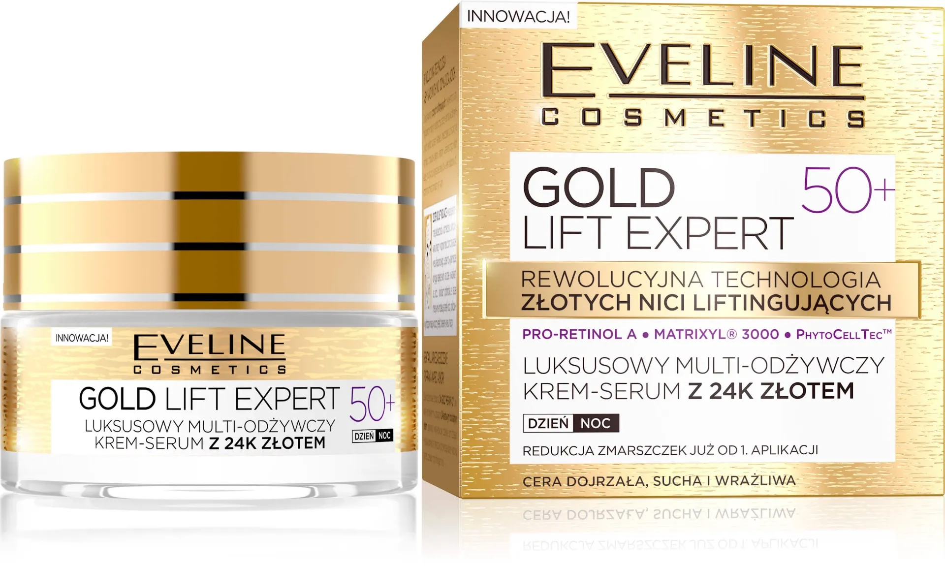 Eveline Cosmetics Lift Expert Luksusowy multi- odżywczy krem-serum z 24K złotem, na dzień i na noc 50+, 50 ml