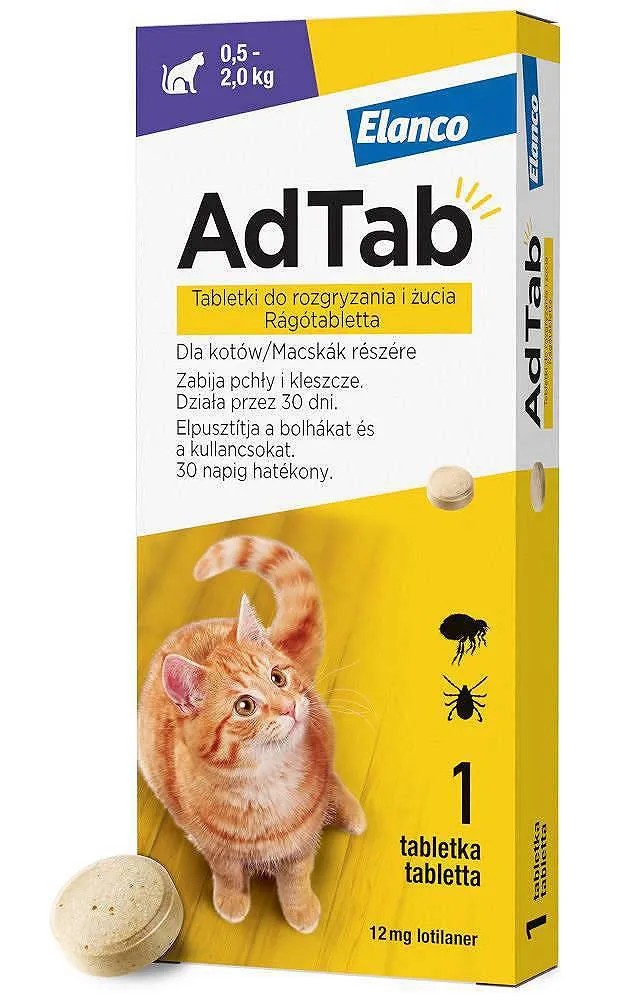 AdTab, 12 mg, tabletki do rozgryzania i żucia dla kotów (0,5–2,0 kg), 1 sztuka