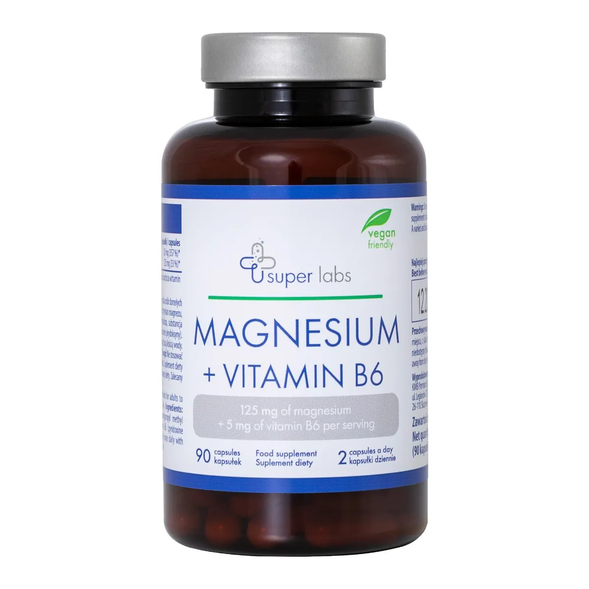 Super Labs Magnesium+Vitamin B6, suplement diety, 90 kapsułek