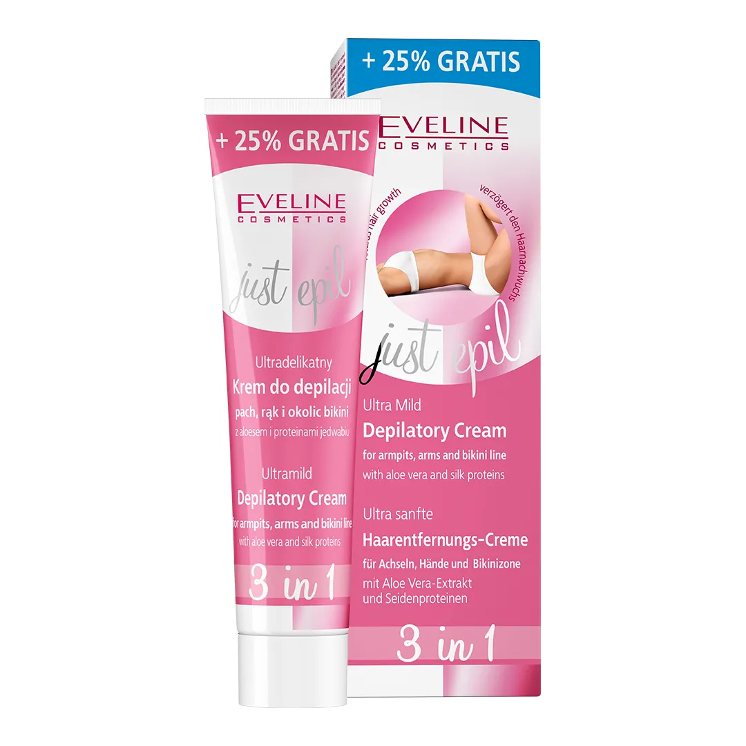 Eveline Cosmetics Just Epil Ultradelikatny krem do depilacji pach, rąk i bikini z aloesem i proteinami jedwabiu 3w1, 125 ml