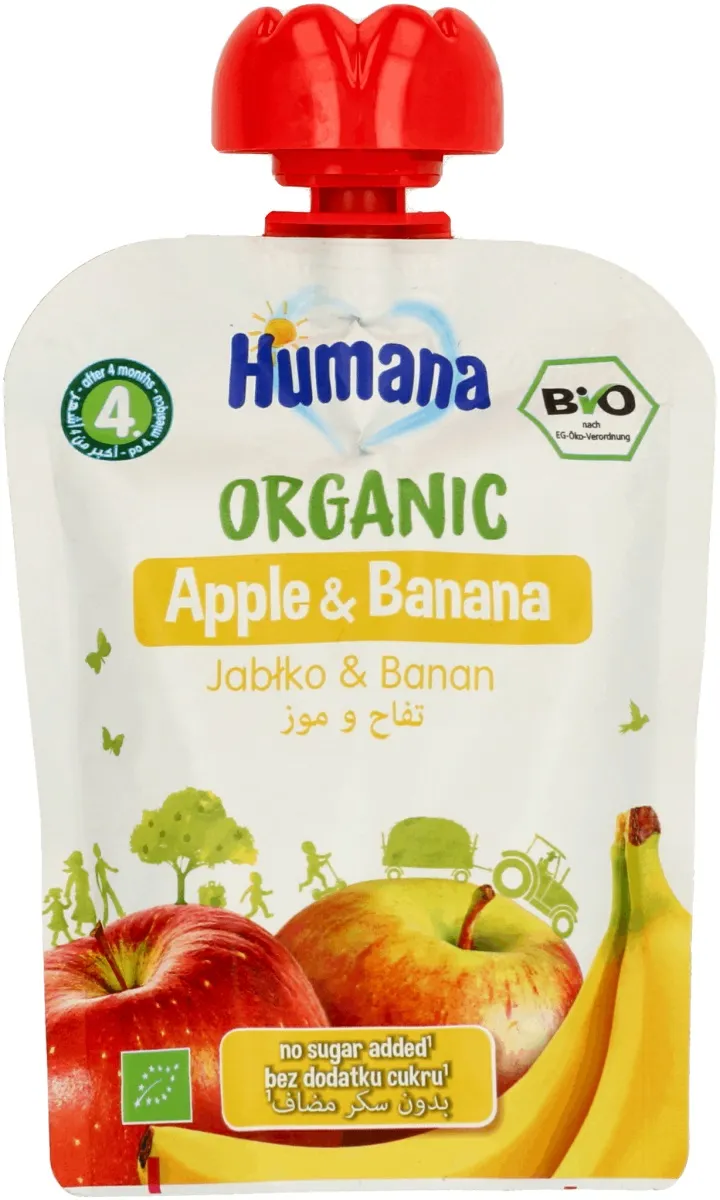 Humana 100% Organic Mus dla niemowląt jabłko-banan po 4. miesiącu, 90 g