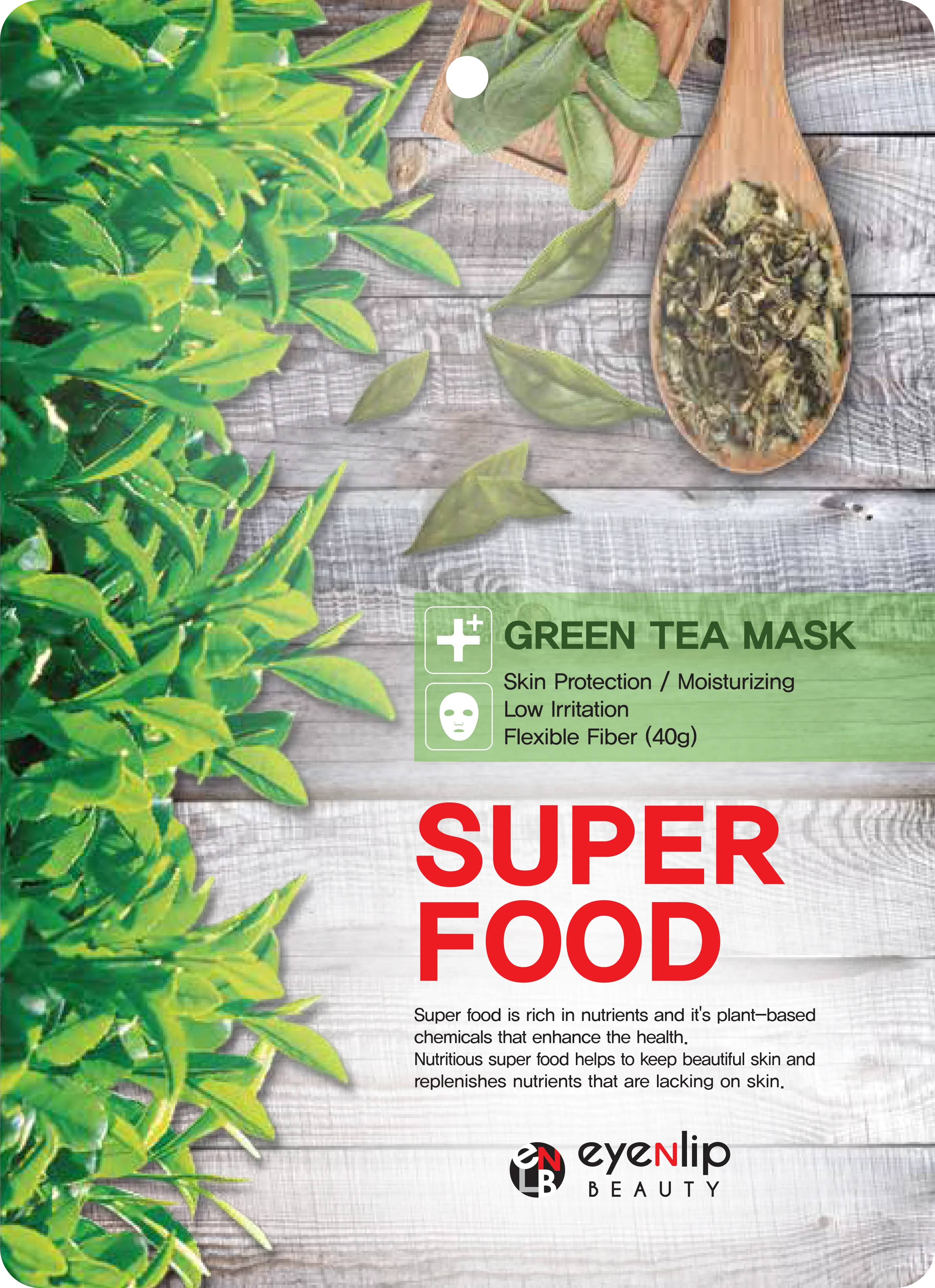 Eyenlip Beauty SuperFood Green Tea nawilżająco-łagodząca maska w płachcie, 30 g