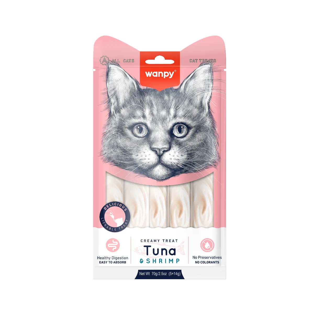 Wanpy Tuna & Shrimp Creamy Treat kremowy przysmak do lizania o smaku tuńczyka i krewetek dla kotów, 5 x 14 g