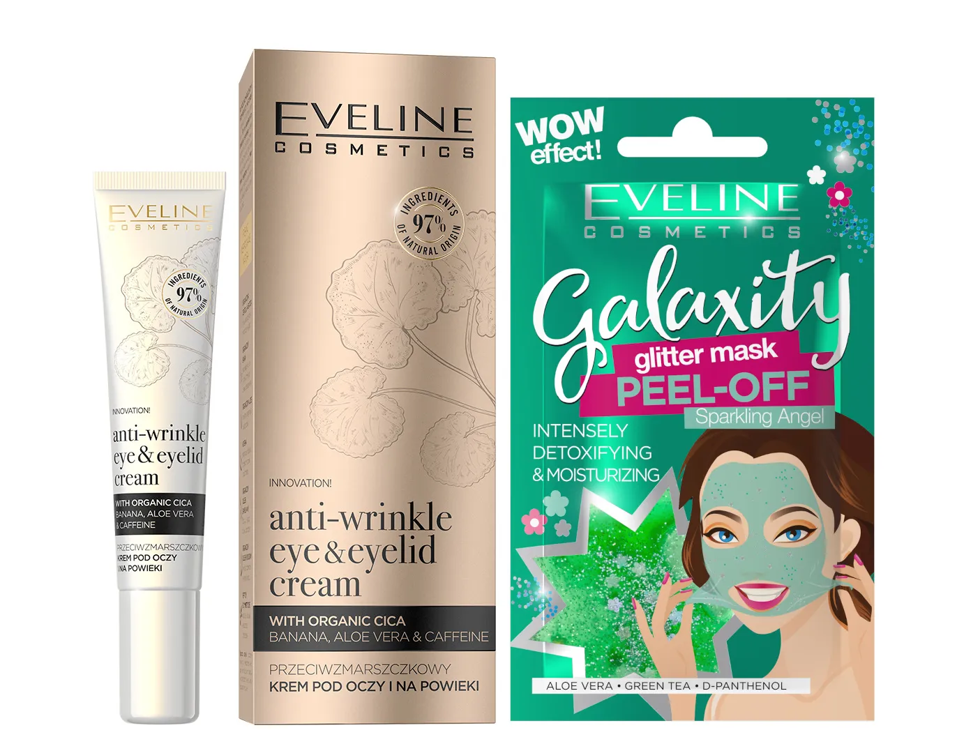 Eveline Cosmetics Organic Gold przeciwzmarszczkowy krem pod oczy i na powieki, 20 ml + Eveline Cosmetics Detoksykująco-nawilżająca maseczka peel-off z połyskującymi drobinkami, 10 ml