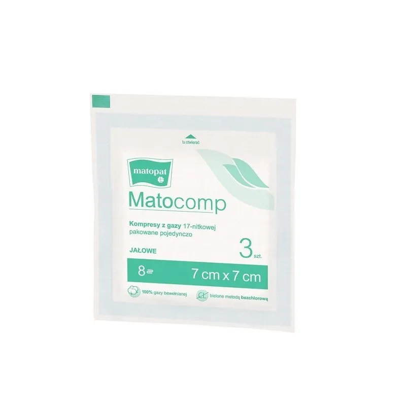 Matocomp, kompresy gazowe jałowe, 17-nitkowe, 8-warstwowe, 7 cm x 7 cm, 3 sztuki