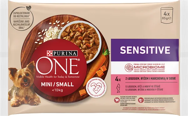 Purina One Mini Sensitive Karma mokra dla psów ras małych z łososiem, ryżem i marchewką w sosie, 4 x 85 g