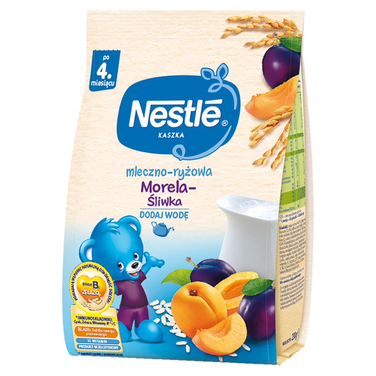 Nestle kaszka mleczno-ryżowa śliwka morela dla niemowląt po 4 miesiącu, 230 g