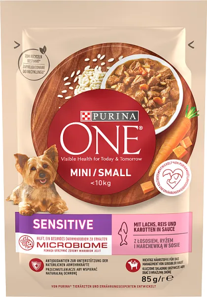 Purina One Mini Sensitive Karma mokra dla psów dorosłych ras małych z łososiem, ryżem i marchewką w sosie, 4 x 85 g
