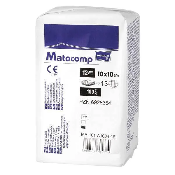 Matocomp, kompresy niejałowe, 10 cm x 10 cm, 13-nitkowe, 100 sztuk