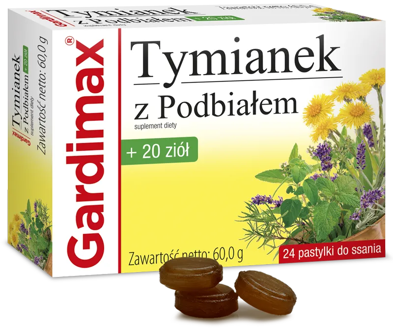 Gardimax Tymianek z Podbiałem + 20 ziół, suplement diety, 24 pastylki do ssania