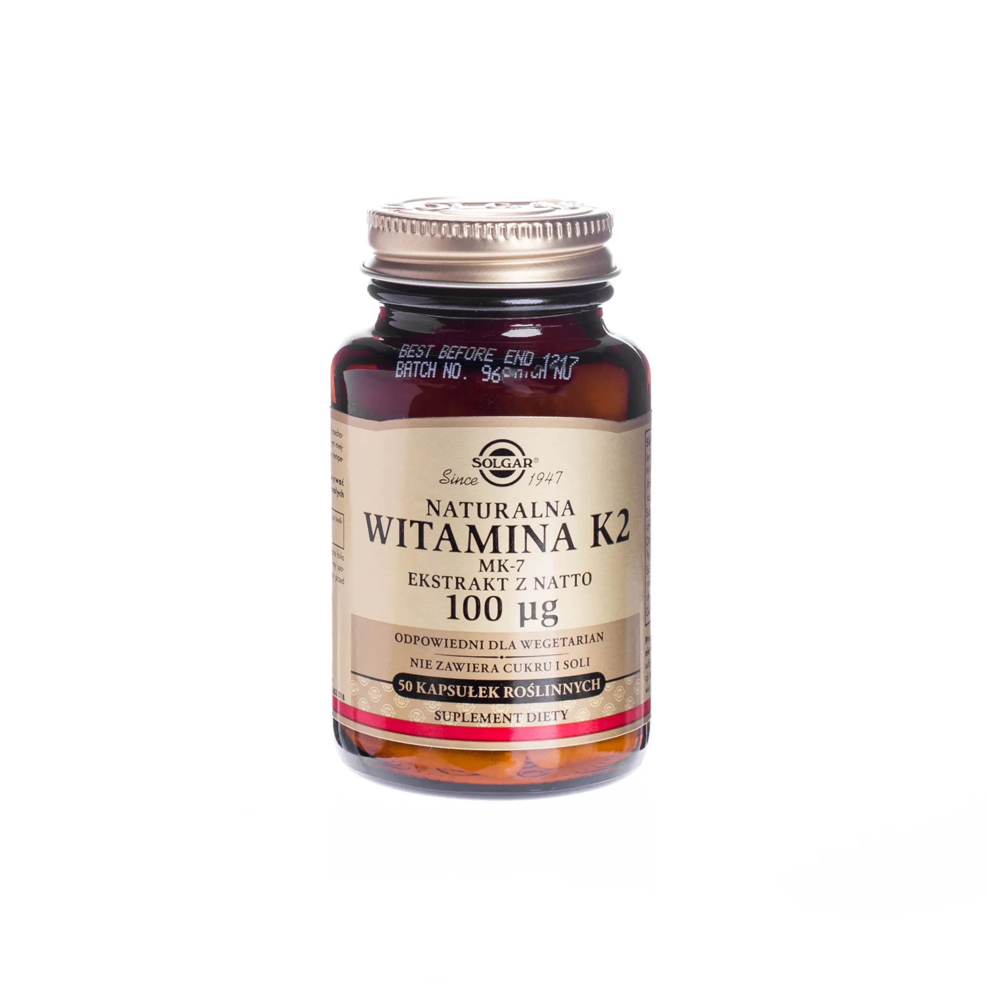 Solgar Naturalna Witamina K2, ekstrakt z natto 100 µg, suplement diety, 50 kapsułek roślinnych. Data ważności 31.05.2024