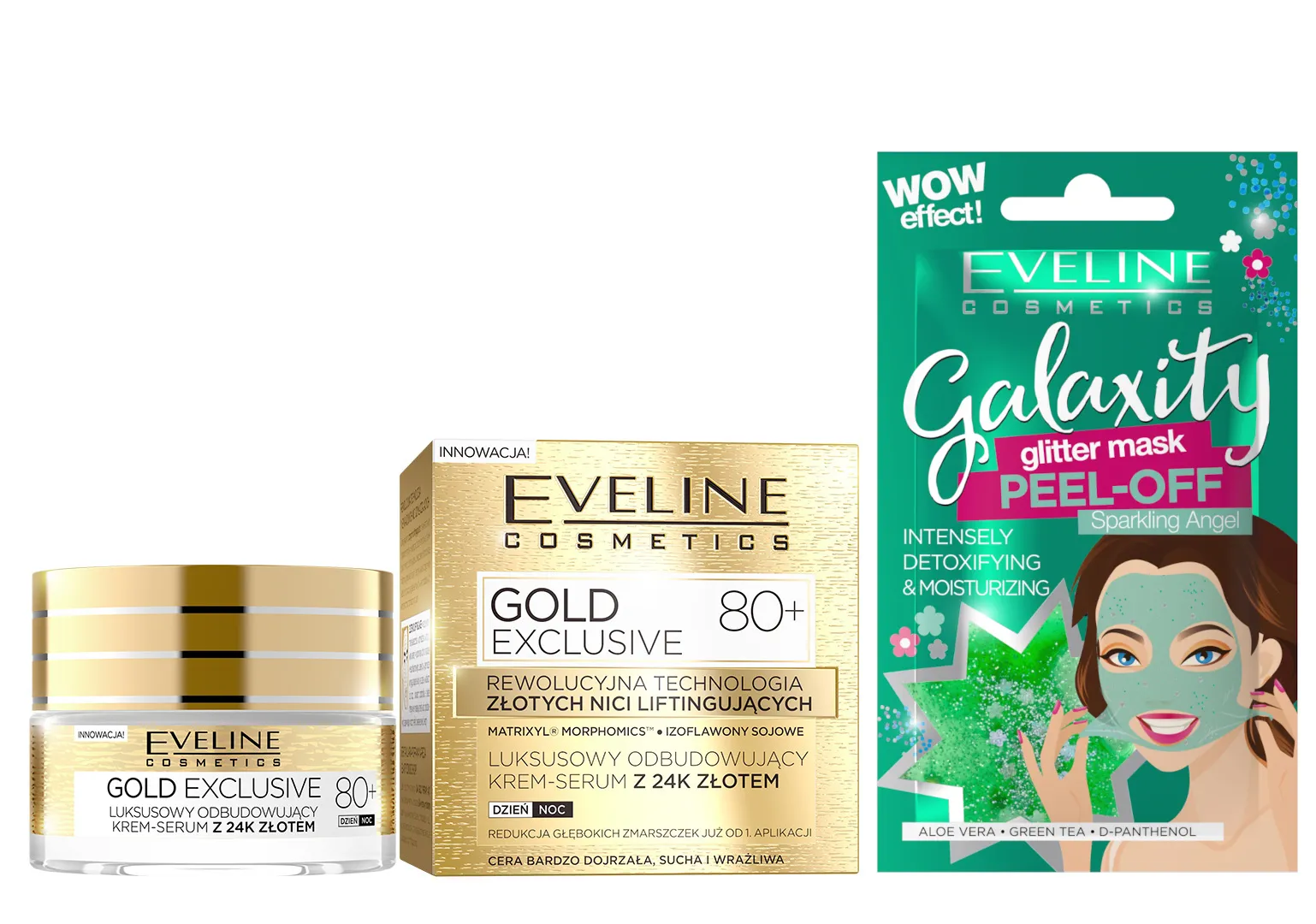 Eveline Cosmetics Gold Exclusive luksusowy odbudowujący krem-serum z 24K złotem 80+, 50 ml + Eveline Cosmetics Detoksykująco-nawilżająca maseczka peel-off z połyskującymi drobinkami, 10 ml