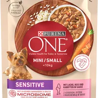 Purina One Mini Sensitive Karma mokra dla psów dorosłych ras małych z łososiem, ryżem i marchewką w sosie, 4 x 85 g