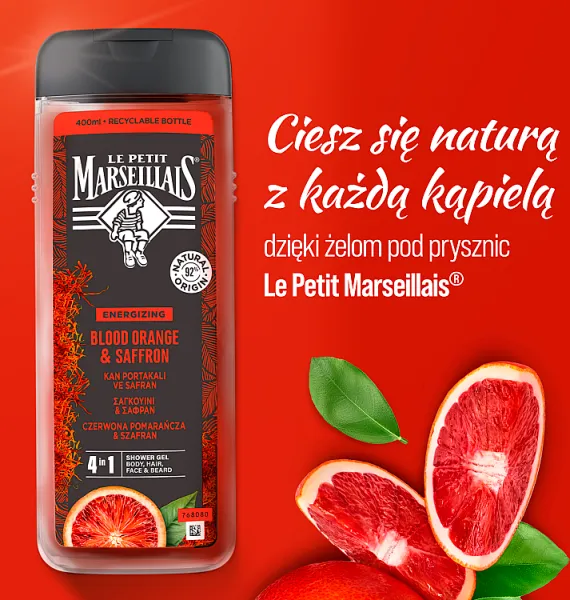 Le Petit Marseillais, żel pod prysznic dla mężczyzn czerwona pomarańcza & szafran, 400 ml 