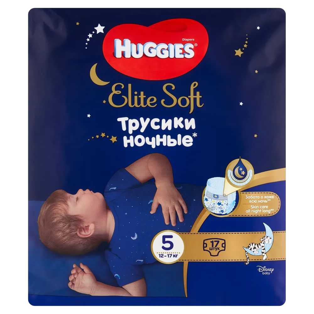 Huggies Elite Soft, pieluchomajtki na noc, rozmiar 5, 12-17 kg, 17 sztuk