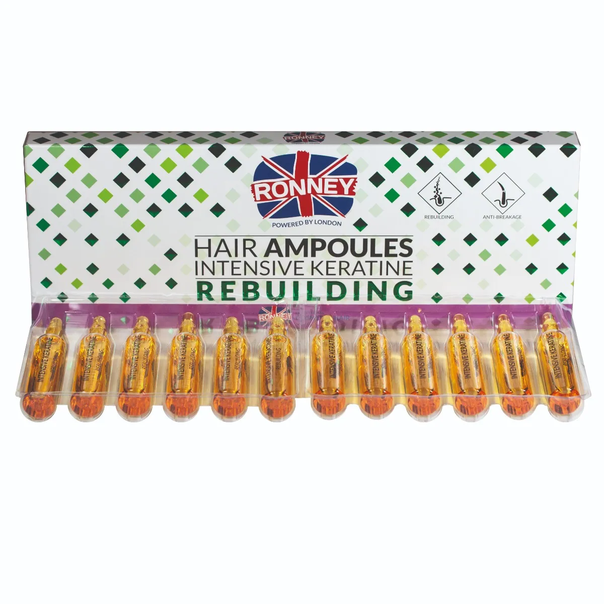 RONNEY Hair Ampoules Intensive KERATINE Rebuilding Ampułki z keratyną do włosów suchych i zniszczonych, 12 × 10 ml